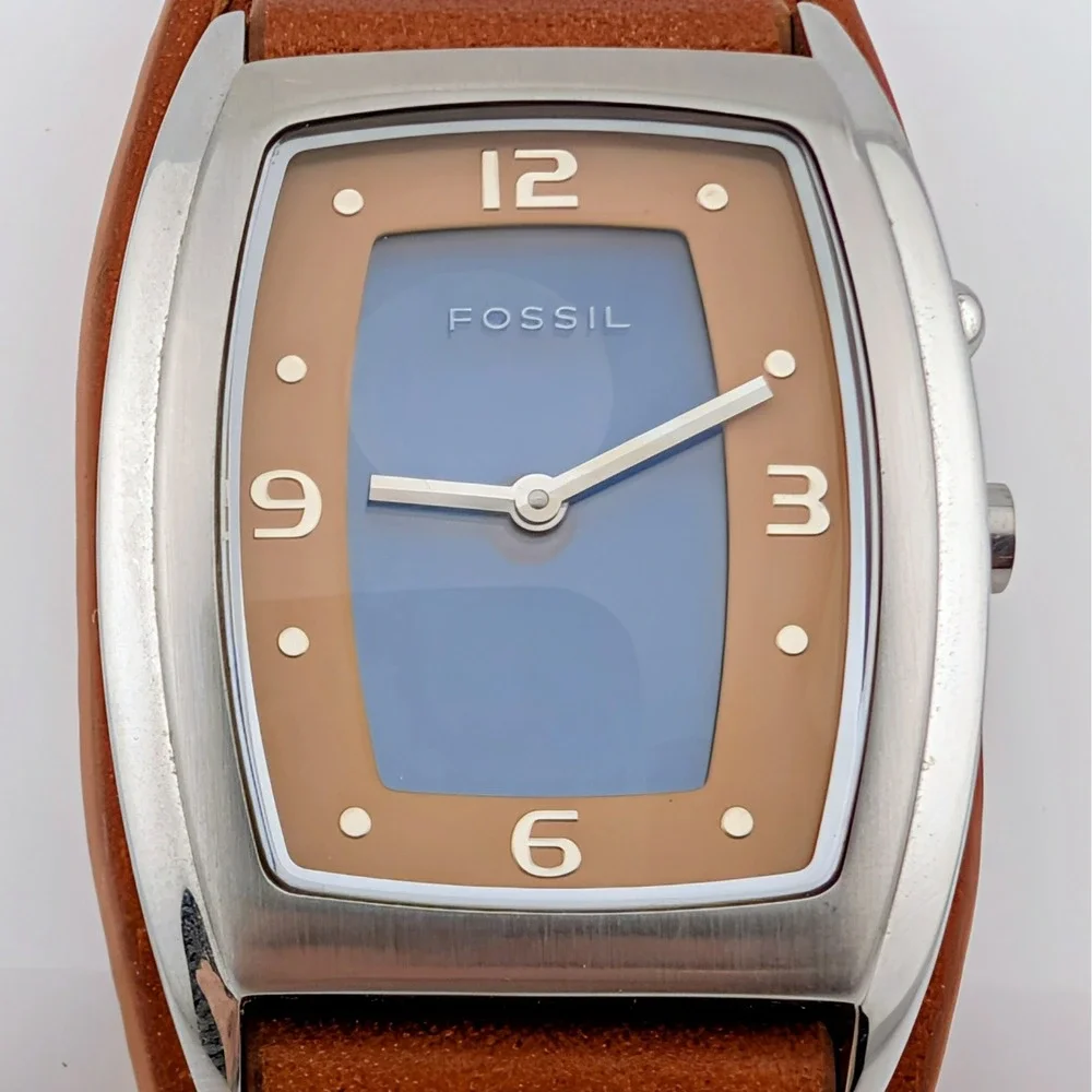 Fossil JR-8185 Y2K Flip Dial Unisex Cuff Watch Tan Leather Retro Futuristic 30mm
